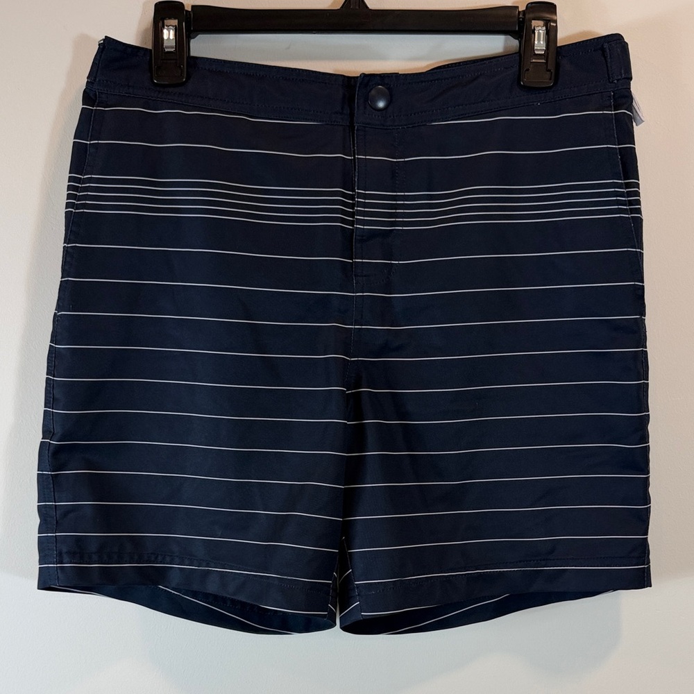 Original Penguin Navy Swim Trunks with White Stripes